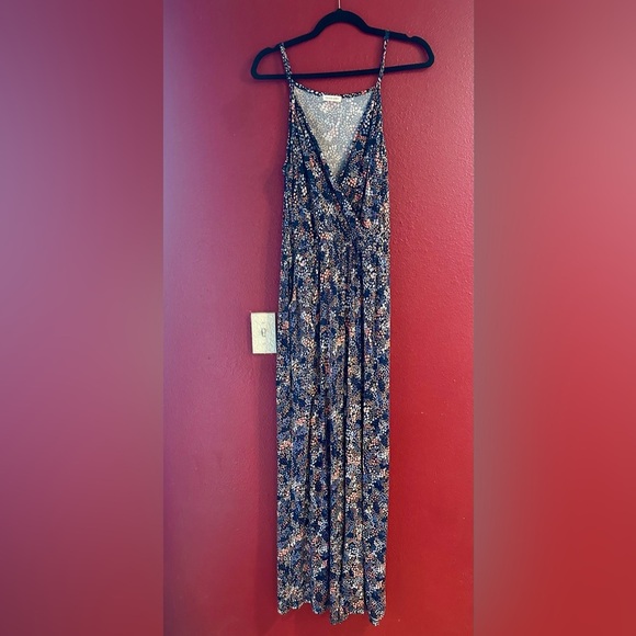Olivia Grey Sleeveless Wide-Leg Jumpsuit L Navy Multi Dot Print V-Neck - Picture 1 of 11